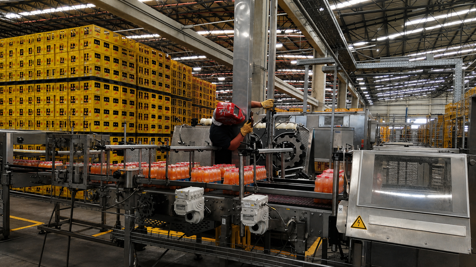 Planta moderna de producción de alimentos y bebidas, limpia y organizada, con acero inoxidable y protocolos sanitarios