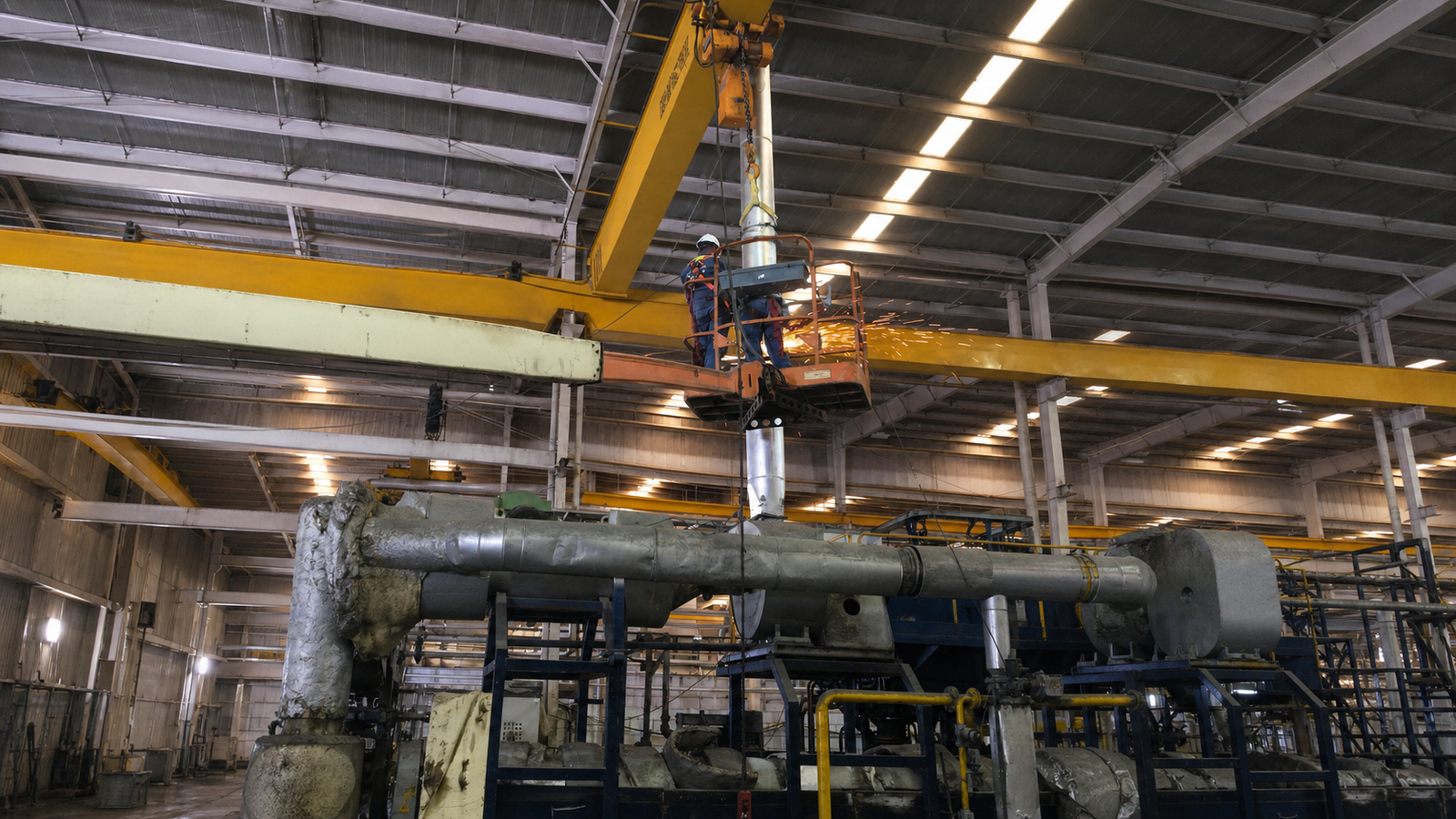 Interior de una planta industrial en funcionamiento, con personal técnico usando elementos de protección y maquinaria de gran escala